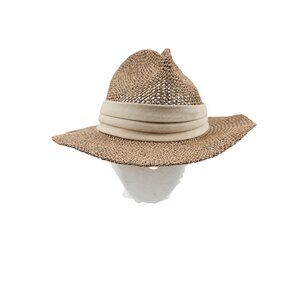 Chi Chi Collection Straw Fedora Hat Beige Band Size Small Medium Wide Brim